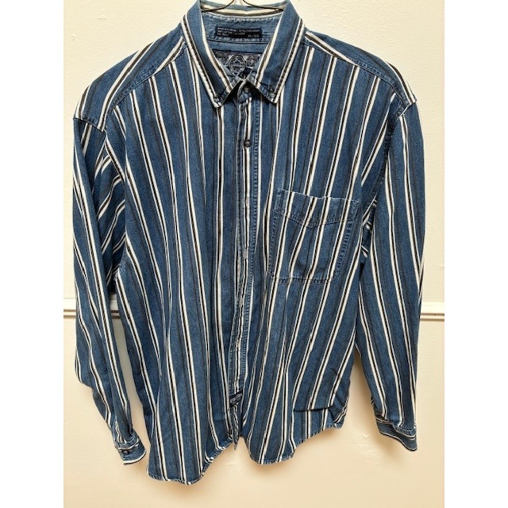 Bugle Boy Mens XL Blue White Black Striped Long Sleeve Button Down Denim Shirt